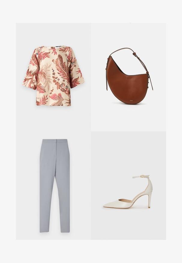 Bluzica s cvjetnim uzorkom u svijetlo bež boji, s ružičastim i smeškim dizajnom lišća, kratkim rukavima i okruglim izrezom sa zatvaranjem na leđima.; Svijetlosivi krojeni hlače od glatkog materijala, s ravnim prednjim dijelom, zatvaračem i uskim ravnim nogavicama.; Bijela kožna visoko potpetica s oštrim vrhom, remenom oko članaka i tankom stiletto potpeticom. Glatka tekstura s blagim sjajnim završetkom.; Smeđa kožna torba za rame u obliku polumjesecca, s uskom smeđom trakom i suptilnim zlatnim detaljima. Ima glatku teksturu i minimalno šivanje.