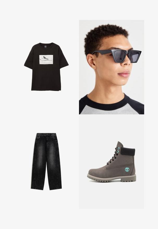 Tricou negru din bumbac, cu mâneci scurte, prezentând o grafică rectangulară albă cu o muscă pe o linie subțire, branding minim sub imagine.; Jeans negri cu croi larg, din denim, având o textură spălată, buzunare frontale și accente de hardware argintiu. Închidere clasică cu nasture la talie.; Timberland Botine cu șireturi - medium grey; Ochelari de soare negri, unghiulari, cu lentile închise la culoare, având un design geometric îndrăzneț și o finisare mată. Purtați de o persoană cu păr scurt.