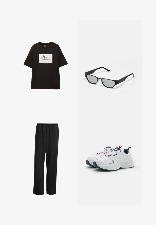 Mustan puuvillan t-paita lyhyillä hihoilla, jossa on valkoinen suorakulmainen graafinen kuva kärpäsestä ohueen viivaan, vähäinen brändäys kuvan alla.; Mustat urheiluhousut, joissa on joustava vyötärö, suora lahjesuunnittelu, sivutaskut ja vetoketjulliset lahkeensuut, valmistettu sileästä ja kevyestä kankaasta.; Valkoiset urheilukengät, joissa on tummansinisiä yksityiskohtia, teksturoitua nahkaa ja verkkomateriaalia, moniväriset nauhat ja jämäkkä pohja.; Mustat aurinkolasit, joissa on suorakaiteen muotoiset linssit, matta pinta ja lievästi kulmikas muoto. Varustettu läpinäkyvillä nenätyynyillä ja minimalistisella muotoilulla.