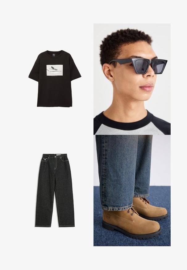 T-shirt nera in cotone con maniche corte, presenta una grafica rettangolare bianca di una mosca su una linea sottile, con un branding minimale sotto l'immagine.; Jeans neri a gamba dritta con cuciture bianche, design a cinque tasche, chiusura con bottone e cerniera, e un piccolo logo sulla tasca frontale destra.; Timberland Stivaletti stringati - medium beige; Occhiali da sole neri angolari con lenti scure, caratterizzati da un audace design geometrico e una finitura opaca. Indossati da una persona con capelli corti.