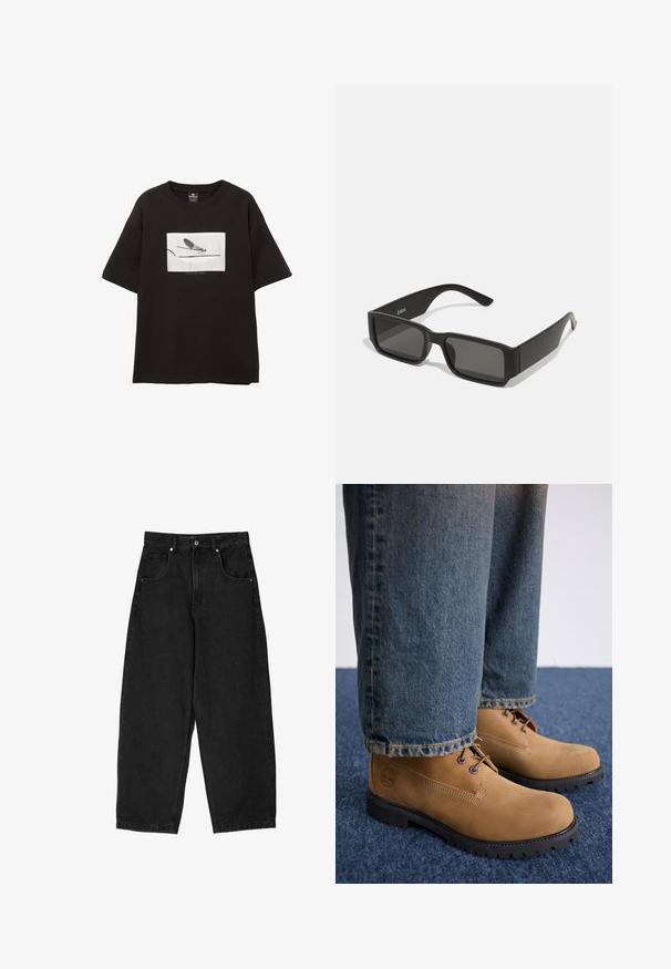 Sort bomulds t-shirt med korte ærmer, med et hvidt rektangulært grafisk billede af en flue på en tynd linje, minimal branding under billedet.; Sort denim bukser med bred ben og høj talje, der har fem lommer, lynlås og metalknaplukning. Glat tekstur, minimal detaljer.; Timberland Snørestøvletter - medium beige; Sorte solbriller med rektangulære linser, mat plastikramme og lige kanter. Har brandlogo på den indvendige arm.