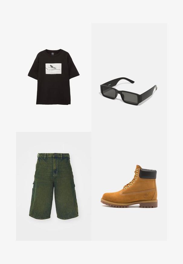Čierne bavlnené tričko s krátkymi rukávmi, s bielou obdĺžnikovou grafikou muchy na tenkej čiare, minimalizované značenie pod obrázkom.; Zelené denimové cargo šortky s uvoľneným strihom, s bočnými vreckami a zapínaním na gombík. Textúra s opotrebením a rovný strih.; Tyrkysové semišové členkové topánky s čiernym polstrovaným golierom, zlatými kovovými očkami, bielym prešívaním a robustnou gumovou podrážkou s výraznými drážkami.; Čierne slnečné okuliare s obdĺžnikovými šošovkami, matný plastový rám a rovné hrany. Obsahujú logo značky na vnútornej strane ramenka.