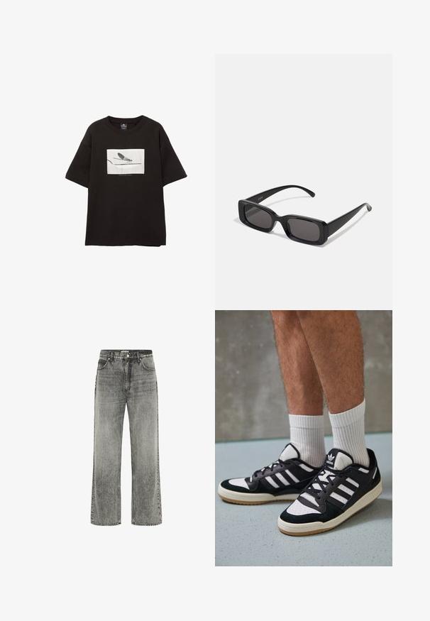 Svart bomullströja med korta ärmar, pryds av en vit rektangulär grafik av en fluga på en tunn linje, minimal varumärkesinformation under bilden.; Grå vida jeans i denim med en blekt finish. Har framfickor, bälteshällor och dragkedja med knappstängning.; Svartvita sneakers med ovandel i mocka och läder, med tre vita ränder, perforerad tå och sula av gummigummi.; Svarta rektangulära solglasögon med mörka linser, glänsande yta, breda skalmar och en gedigen ramdesign. Graverat märke på ena skalmen.