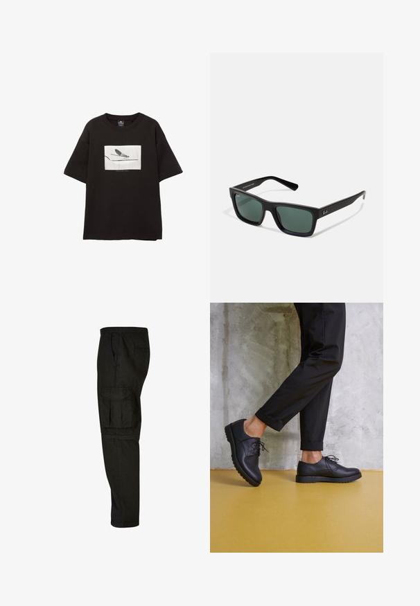 Zwarte katoenen T-shirt met korte mouwen, met een witte rechthoekige afbeelding van een vlieg op een dunne lijn, minimale branding onder het beeld.; Zwarte cargobroek met een relaxte pasvorm, elastische tailleband, zijzakken en een grote cargozak op de dij. Zacht, lichtgewicht stof.; Zwart leren veterschoenen met een ronde neus, gestructureerd oppervlak en dikke rubberen zool. Gekocht met opgerolde zwarte broeken tegen een betonnen achtergrond.; Zwarte rechthoekige zonnebril met groene lenzen, voorzien van een matte afwerking, rechte pootjes en het Ray-Ban-logo aan de zijkant.