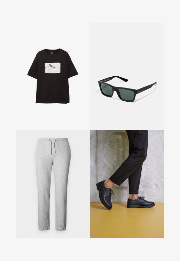 Černé bavlněné tričko s krátkým rukávem, které má bílou obdélníkovou grafiku muňky na tenké lince, minimalistické logo pod obrázkem.; Šedé tepláky vyrobené z měkké tkaniny, s elastickým pasem se šňůrkou, elastickými manžetami a hladkou strukturou.; Černé kožené boty se šněrováním, zaoblenou špičkou a texturovanou gumovou podrážkou. Nosit s krátkými černými kalhotami, na pozadí betonové stěny.; Černé obdélníkové sluneční brýle se zelenými skly, s matným povrchem, rovnými nožkami a logem Ray-Ban na boční straně.