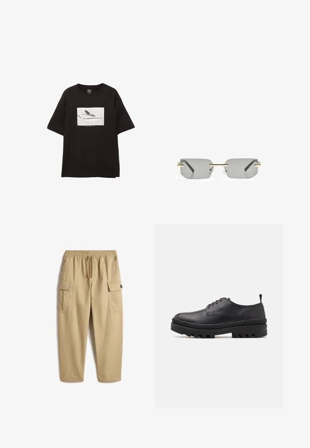 Zwarte katoenen T-shirt met korte mouwen, met een witte rechthoekige afbeelding van een vlieg op een dunne lijn, minimale branding onder het beeld.; Beige cargo pants met een elastische tailleband en trekkoord. Voorzien van twee zijzakken en twee grote cargozakken op de bovenbenen. Glad stof.; Zwarte leren schoen met een ronde neus, vetersluiting en stevige rubberen zool. Heeft een trekkoord aan de hiel en getextureerde accenten.; Bershka RECTANGULAR - Zonnebril - black