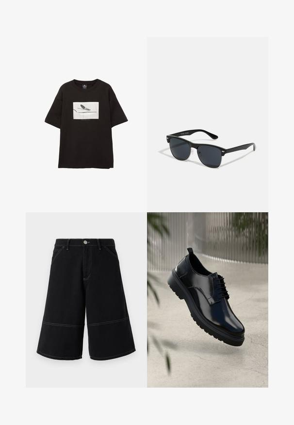Schwarzes Baumwoll-T-Shirt mit kurzen Ärmeln, hat eine weiße rechteckige Grafik einer Fliege auf einer dünnen Linie, minimale Markierung unter dem Bild.; Schwarze Denim-Shorts im weiten Bein Design, mit kontrastierendem gelben Nähten und seitlichen Taschen. Der Stoff hat eine glatte, robuste Textur.; Schwarzer Lederschuh mit glänzender Oberfläche, runder Spitze, Schnürdesign, kontrastierenden Nähten und einer dicken Gummisohle mit Profilmuster.; Schwarze Sonnenbrille mit rechteckiger Form, dunklen Gläsern, silbernen Akzenten an den Bügeln und mattierter Oberfläche des Rahmens.