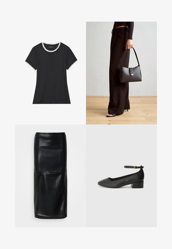 Juodas marškinėliai su briaunota tekstūra, apvalia iškirpte, kurią puošia balti apvalūs kraštai, ir trumpomis rankovėmis su atitinkamais kraštų akcentais.; Juodas dirbtinės odos midi ilgio sijonas su siūlių panelių raštu ir tiesaus kirpimo, ant balto fono.; Juodas odinis aukštakulnis batelis su smailiu pirštu ir žemu bloku. Su kulkšnies dirželiu su auksinės spalvos sagtimi. Lygus paviršius.; Juodas rankinė struktūrizuota forma, lygi tekstūra ir metalinis užsegimas. Suporuota su plačiomis juodomis kelnėmis ir atvirais bateliais ant medinių grindų.