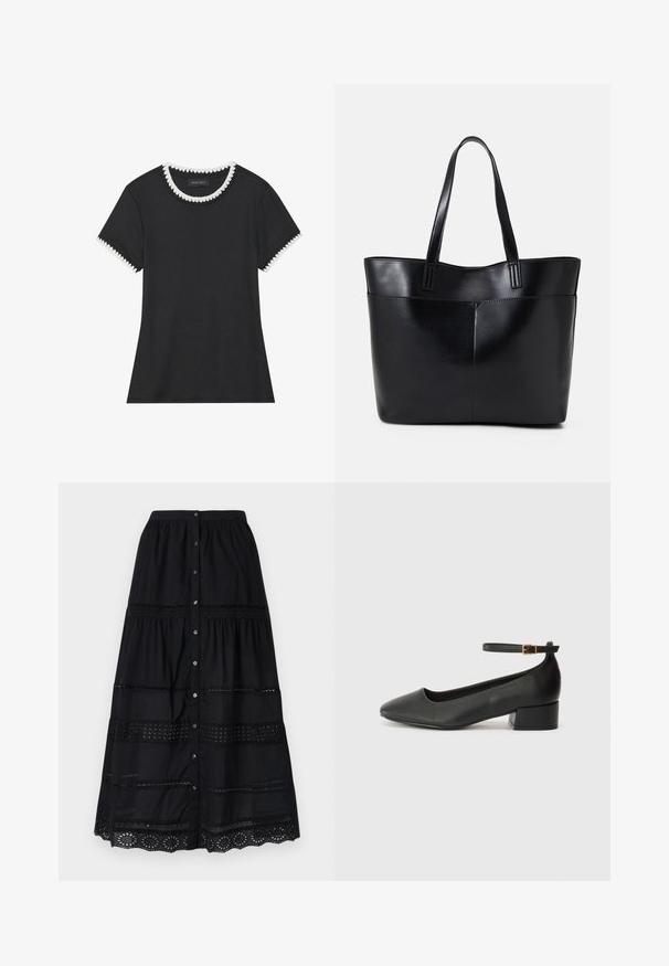 Črna majica s teksturo roma, okroglim izrezom, ki ima belo valovito obrobo, in kratkimi rokavi z ustreznimi valovitimi detajli.; Črna krilo s kratkimi rokavi in večplastno zasnovo, z čipkastim obrobom in teksturirano tkanino. Vključuje srebrne gumbe spredaj.; Črne usnjene pumpice z nazobčanimi prsti in nizko blokasto peto. Imajo trak okoli gležnja z zaponko v zlatem tonu. Gladka tekstura.; Črna usnjena torba z dvema dolgima ročajema, gladko teksturo in strukturirano obliko. Ima sprednji žep za dodatno shranjevanje.