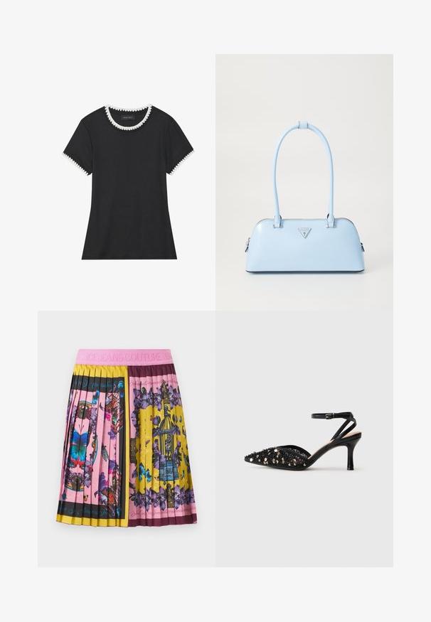 T-shirt preta com textura canelada, gola redonda com acabamentos brancos em formato de ondas, e mangas curtas com detalhes em ondas correspondentes.; Saia plissada com faixa rosa, padrões vibrantes de borboletas, flores e gaiolas em blocos de cores rosa, amarelo, roxo e preto.; Sandal com salto médio preto e bico fino, adornada com lantejoulas pretas e prateadas, com uma tira fina no tornozelo e fecho com fivela.; Bolsa de mão azul claro com uma forma estruturada, material de couro suave, duas alças e um logótipos triangular na parte da frente. Fecho com zíper.