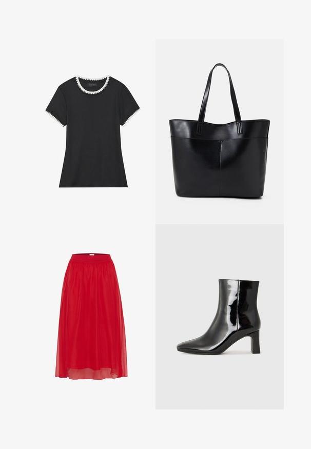 Mustat T-paita ribbaavalla tekstuurilla, pyöreä kaula-aukko, jossa on valkoiset aaltoilevat yksityiskohdat, ja lyhyet hihat, joissa on vastaavat aaltoilevat koristelut.; Punainen, kevyestä sifonista valmistettu hame, jossa on joustava vyötärö, virtaava muotoilu ja polvipituinen helma. Tasainen rakenne, jossa on läpikuultava ilme.; Musta patenttilakattu nilkkuri, jossa on terävä kärki ja keskipitkä lohkarekorko. Silkkinen pinta ja minimalistinen muotoilu.; Musta nahkainen kassi, jossa on kaksi pitkää kahvaa, sileä pinta ja jämäkkä muoto. Sisältää etutaskun lisävarastointia varten.