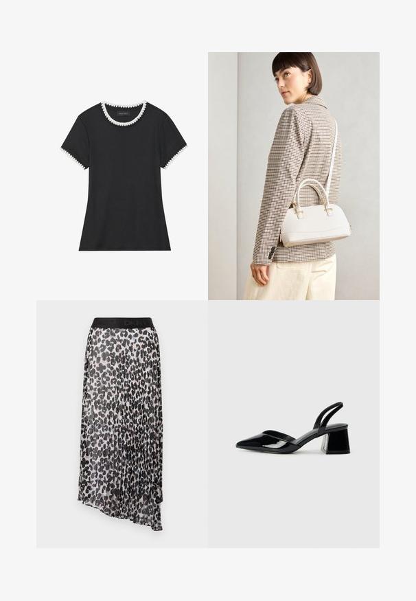 Svart t-skjorte med rillete tekstur, rund hals med hvit bølget kant, og kortermede ermer med matchende bølgete detaljer.; Plisserte midiskjørt med svart og beige leopardmønster, med sort elastisk midje med DKNY-logoen. Lett, halvgjennomsiktig stoff.; Svarte patentlær slingback hæler med spiss tå og geometrisk blokk hæl. Har et stilrent, minimalistisk design og jevn tekstur.; Hvit strukturert håndveske med korte håndtak og skulderreim, med detaljer i gullfinish og teksturert materiale, vist mot en grå bakgrunn.