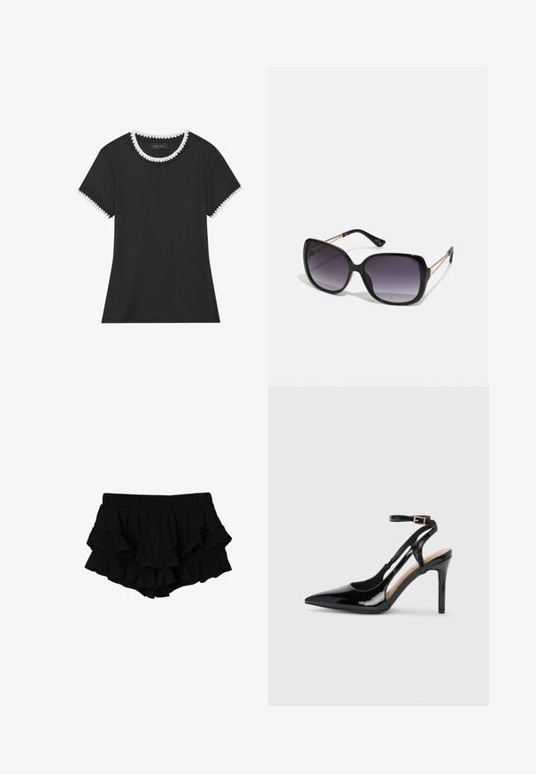 Fekete póló bordázott textúrával, kerek nyakkivágással, fehér csipkeszegéllyel, és rövid ujjakkal, amelyek harmonizáló csipkeszegéllyel készültek.; Fekete, fodros rövidnadrág, elasztikus derékkal, három réteg fodorral és diszkrét textúrájú anyaggal, amely réteges sziluettet teremt.; Fekete lakkbőr magassarkú, slingback cipő, hegyes orral, állítható bokapánttal és nyitott oldalakkal. Simító felület.; Fekete, oversize napszemüveg fokozatos árnyalatú lencsékkel, vastag kerettel és arany színű lánc díszítéssel a szárakon.; Fehér, strukturált kézitáska rövid füllel és vállpánttal, arany színű fém kiegészítőkkel és texturált anyagból, szürke háttér előtt bemutatva.