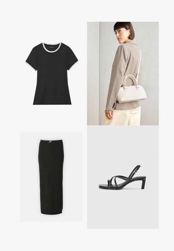 Fekete póló bordázott textúrával, kerek nyakkivágással, fehér csipkeszegéllyel, és rövid ujjakkal, amelyek harmonizáló csipkeszegéllyel készültek.; Fekete ceruza szoknya fehér pöttyökkel, puha anyagból készült. Feszes fazonja van, és fehér díszítés található rajta a derékrésznél.; Fekete pántos szandál négyzetes orral és alacsony blokk sarkal. Több vékony pánttal és állítható boka pánttal rendelkezik. Sima bőrből készült.; Fehér, strukturált kézitáska rövid füllel és vállpánttal, arany színű fém kiegészítőkkel és texturált anyagból, szürke háttér előtt bemutatva.