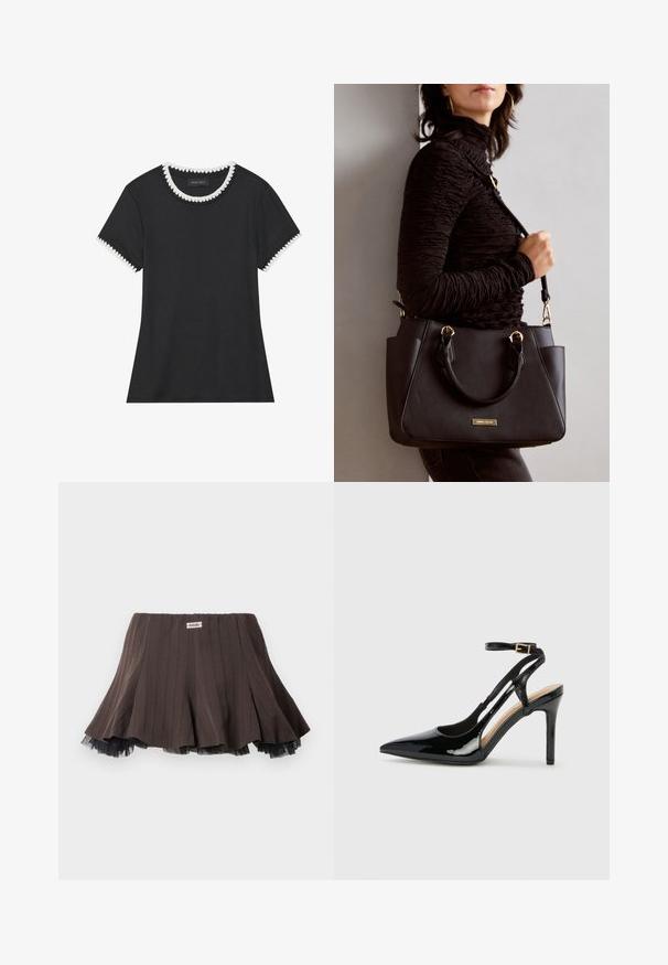 T-shirt nero con texture a coste, colletto rotondo con bordi ondulati bianchi, e maniche corte con dettagli ondulati coordinati.; Gonna a pieghe marrone in tessuto texture, con un bordo di tulle nero a strati all'orlo e una piccola etichetta logo in vita.; Scarpa con tacco alto in vernice nera, cinturino alla caviglia regolabile e punta affilata, con lati aperti. Texture liscia.; Borsa nera con superficie texturizzata, manici superiori doppi e tracolla regolabile. Dotata di hardware color oro e tasche laterali.