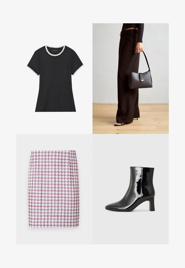 Svart t-skjorte med rillete tekstur, rund hals med hvit bølget kant, og kortermede ermer med matchende bølgete detaljer.; Vevd skjørt i rød, hvit og blå rutete mønster, med en rett design og glatt tekstur, med en mid-rise midje.; Sorte patentlær ankle boot med spiss tå og en mellomhøy blokkhelt. Glatt tekstur og minimalistisk design.; Svart håndveske med strukturert form, jevn tekstur og metallisk lås. Kombinert med brede svarte bukser og sandaler med åpen tå på tregulv.