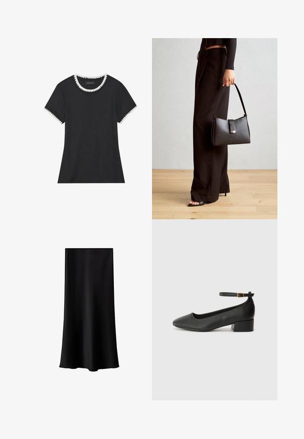 Mustat T-paita ribbaavalla tekstuurilla, pyöreä kaula-aukko, jossa on valkoiset aaltoilevat yksityiskohdat, ja lyhyet hihat, joissa on vastaavat aaltoilevat koristelut.; Mustat midi hameet, jotka on valmistettu sileästä, kevyestä kankaasta. Ominaisuuksiin kuuluu suora leikkaus, ei näkyvää varustusta ja yksinkertainen, ilman kuvioita oleva muotoilu.; Mustat nahkakengät, joissa on terävä kärki ja matala lohkare korko. Varustettu nilkkahihnalla, jossa on kultasävyinen solki. Lisää sileä pinta.; Musta käsilaukku, jossa on rakenteellinen muoto, sileä pinta ja metallinen solki. Yhdistetty leveisiin mustiin housuihin ja avonaiheisiin sandaaleihin puulattialla.