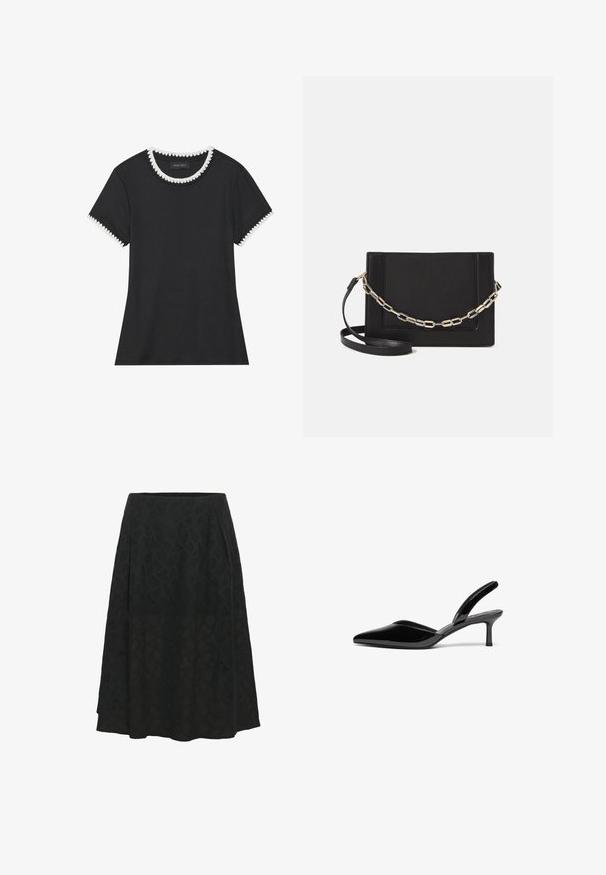 Black t-shirt with ribbed texture, round neckline featuring white scalloped trim, and short sleeves with matching scalloped accents.; Black skirt made from textured fabric featuring a subtle geometric pattern, with a flared design and pleats for added volume.; Black patent leather slingback heels with a pointed toe, low stiletto heel, and a sleek, simple design without embellishments.; Black leather crossbody bag featuring a smooth texture, rectangular shape, and a metallic chain detail on the front. Adjustable strap included.