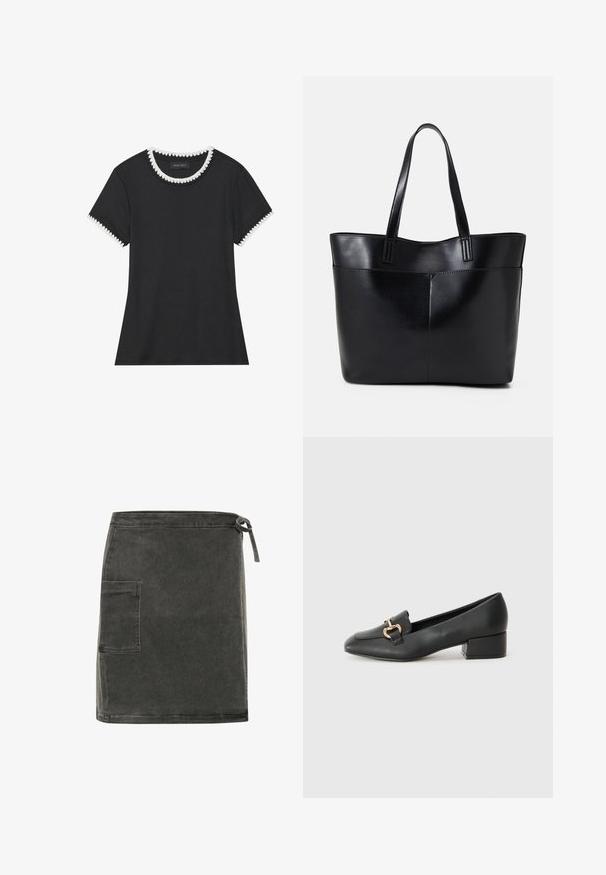 Black t-shirt with ribbed texture, round neckline featuring white scalloped trim, and short sleeves with matching scalloped accents.; Grey denim skirt with a straight cut, side pocket, and adjustable tie closure at the waist. Features a soft texture and minimalist design.; Black leather loafers with a flat heel, featuring a decorative gold hardware detail on the front and a smooth texture.; Black leather tote bag with two long handles, a smooth texture, and a structured shape. Features a front pocket for additional storage.