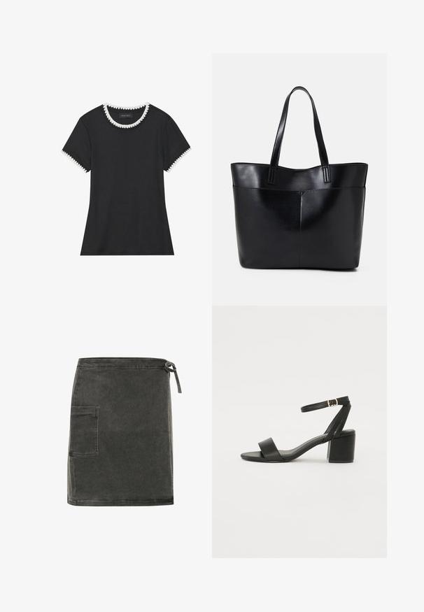 T-shirt noir avec texture côtelée, encolure ronde ornée de bordure festonnée blanche, et manches courtes avec accents festonnés assortis.; Jupe en denim gris à coupe droite, avec poche latérale et fermeture à lien ajustable à la taille. Présente une texture douce et un design minimaliste.; Sandale à talons noirs avec un dessus en cuir lisse, une ouverture à l'avant, de larges brides avant et une bride de cheville ajustable avec une boucle dorée.; Sac fourre-tout en cuir noir avec deux longues poignées, une texture lisse et une forme structurée. Dispose d'une poche avant pour un rangement supplémentaire.