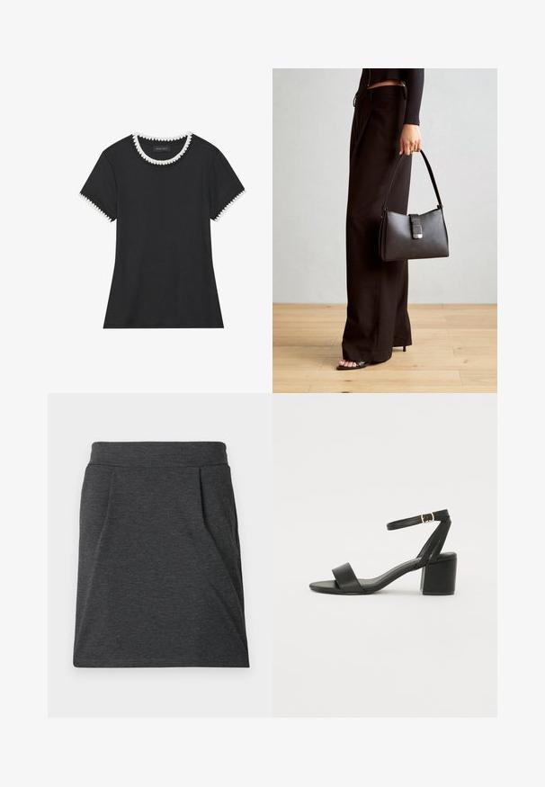 T-shirt noir avec texture côtelée, encolure ronde ornée de bordure festonnée blanche, et manches courtes avec accents festonnés assortis.; Jupe en tissu gris foncé avec une taille ajustée, dotée de plis pour plus de texture. Design droit, détails de couture minimaux et sans motifs.; Sandale à talons noirs avec un dessus en cuir lisse, une ouverture à l'avant, de larges brides avant et une bride de cheville ajustable avec une boucle dorée.; Sac à main noir à la forme structurée, texture lisse et fermoir métallique. Associé à un pantalon noir ample et des sandales ouvertes sur un sol en bois.