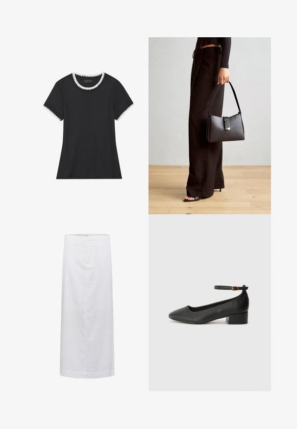 Svart t-skjorte med rillete tekstur, rund hals med hvit bølget kant, og kortermede ermer med matchende bølgete detaljer.; Hvit lin midi skjørt med rett snitt, som har en glatt tekstur, minimale sømmer og en linning for en skreddersydd passform.; Sorte skinnpumper med spiss tå og lav blokkhelt. Har ankelrem med gullfarget spenne. Glatt tekstur.; Svart håndveske med strukturert form, jevn tekstur og metallisk lås. Kombinert med brede svarte bukser og sandaler med åpen tå på tregulv.
