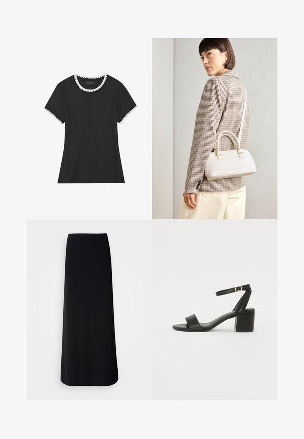 Camiseta negra con textura acanalada, cuello redondo con borde en forma de ola blanco, y mangas cortas con detalles a juego en forma de ola.; Falda negra de longitud completa hecha de una tela suave con una silueta recta. Presenta un diseño simple y sin adornos, sin patrones o embellishments visibles.; Sandalia de tacón negro con parte superior de cuero suave, punta abierta, tiras frontales anchas y correa ajustable en el tobillo con detalle de hebilla dorada.; Bolso estructurado blanco con asas cortas y una correa para el hombro, que presenta detalles en dorado y material texturizado, exhibido sobre un fondo gris.