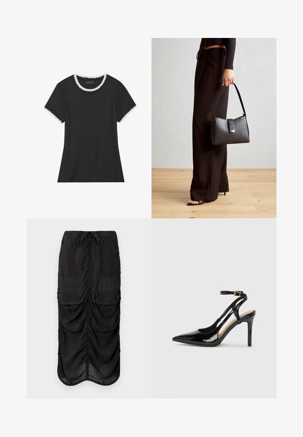 Zwarte T-shirt met geribbelde structuur, ronde halslijn met witte golvende rand, en korte mouwen met bijpassende golvende accenten.; Zwarte midi-skirt van lichtgewicht stof. Kenmerkt zich door geplooide details, twee frontzakken en een tailleband met trekkoord voor aanpasbaarheid.; Zwarte lakleren hoge hak slingback schoenen met spitse neus, verstelbare enkelband en open zijkanten. Gladde textuur.; Zwarte handtas met gestructureerde vorm, gladde textuur en een metalen sluiting. Gecombineerd met brede zwarte broeken en sandalen met open teen op een houten vloer.