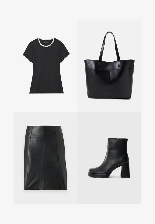 Black t-shirt with ribbed texture, round neckline featuring white scalloped trim, and short sleeves with matching scalloped accents.; Black leather skirt with a fitted design. Smooth texture, seams outlining shape, and a straight hem. Minimalistic and sleek appearance.; Black leather ankle boot with a block heel and platform sole, viewed from the side on a plain white background.; Black leather tote bag with two long handles, a smooth texture, and a structured shape. Features a front pocket for additional storage.