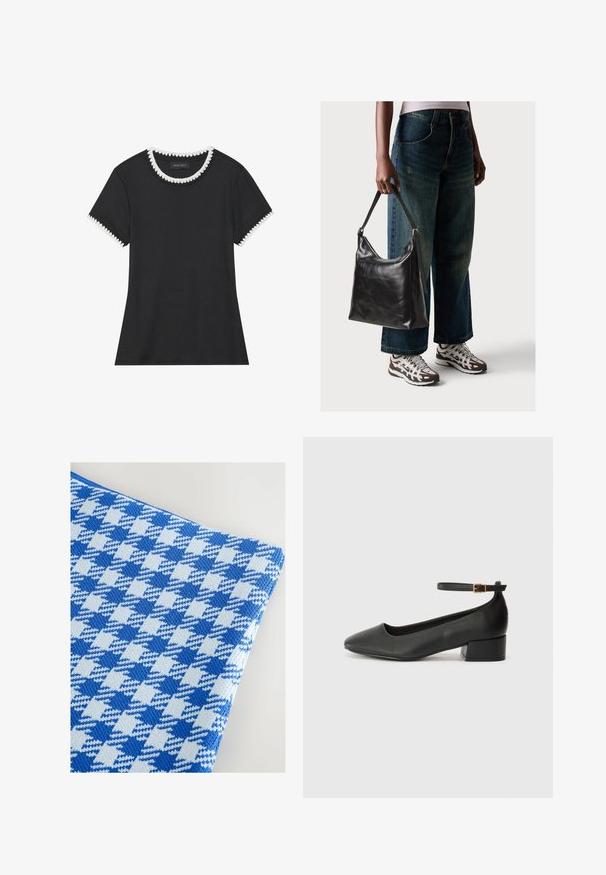 Tricou negru cu textură ribbed, guler rotund cu margine albă zimțată și mâneci scurte cu detalii zimțate asortate.; Material în carouri cu model houndstooth în nuanțe de albastru și albastru deschis, cu un design texturat din tricot, având o finisare netedă și o aparență moale.; Pantof cu toc negru din piele, cu vârf ascuțit și toc mic pătrat. Dispune de o curea la gleznă cu o cataramă în tonuri de aur. Textură netedă.; Geantă de umăr din piele neagră, cu o textură netedă și curea ajustabilă, asortată cu blugi evazați și adidași.