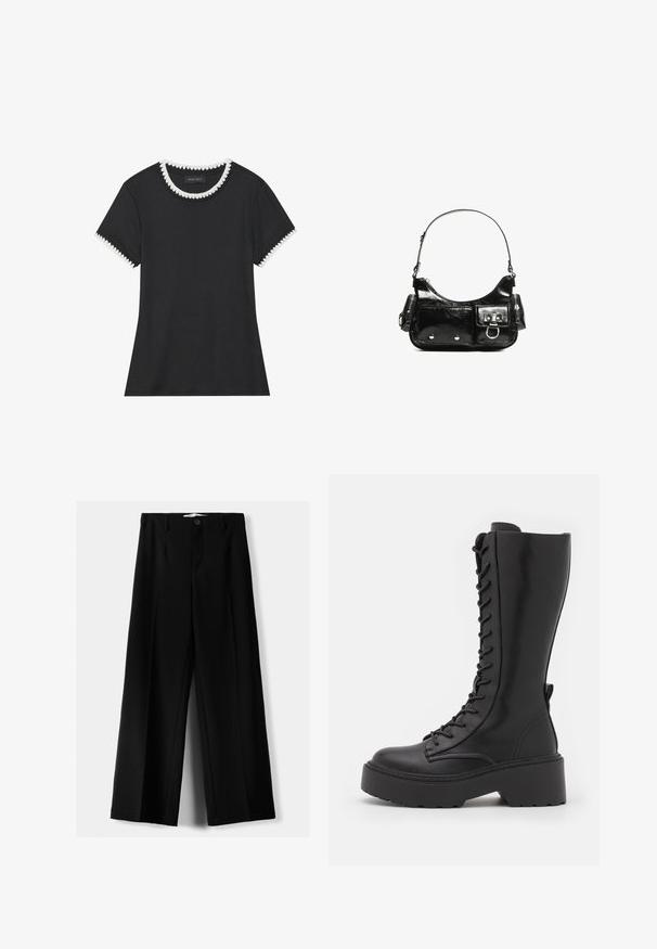 Tricou negru cu textură ribbed, guler rotund cu margine albă zimțată și mâneci scurte cu detalii zimțate asortate.; Pantaloni negri cu picior larg, fabricați dintr-un material ușor, cu închidere frontală cu nasture și față plată, având tivuri cusute cu atenție.; Botine negre până la genunchi, cu șireturi, având o talpă chunky, un finisaj din piele netedă și cusături întărite pe margini.; Geantă de mână din piele lăcuită neagră, cu o formă curbată, un umăr, buzunare frontale și accente din metal argintiu.
