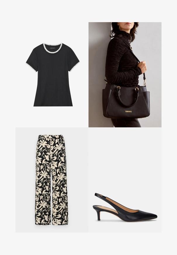 Svart t-skjorte med rillete tekstur, rund hals med hvit bølget kant, og kortermede ermer med matchende bølgete detaljer.; Sorte vide bukser med et cremet blomster mønster. Fremstillet af letvægtsstof, med en glat tekstur og en høj talje.; Sorte skinn slingback-hæler med spiss tå, lav kitten-hæl og jevn overflate. Har åpen bakdesign og minimale sømdetaljer.; Svart håndveske med teksturert overflate, doble topphåndtak og justerbar skulderrem. Har detaljer i gulltone og sidelommer.