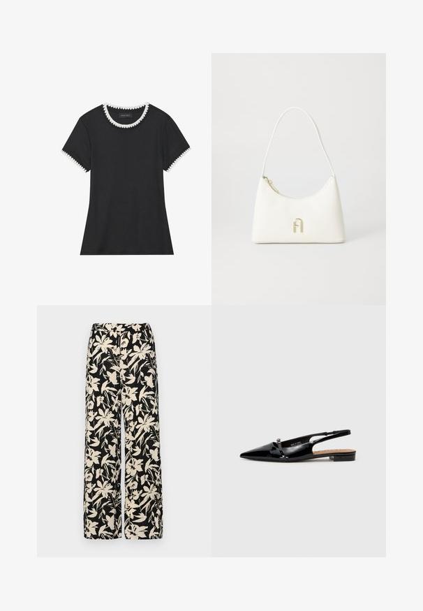 Svart t-skjorte med rillete tekstur, rund hals med hvit bølget kant, og kortermede ermer med matchende bølgete detaljer.; Sorte vide bukser med et cremet blomster mønster. Fremstillet af letvægtsstof, med en glat tekstur og en høj talje.; Sorte patent lær slingback-sko med spiss tå, minimalistisk design, liten hæl og sølvfarge spenne aksent på stroppen.; Hvit håndveske med en buet form og glatt tekstur. Har en logo i gulltone og glidelås lukking. Justerbar skulderstropp.