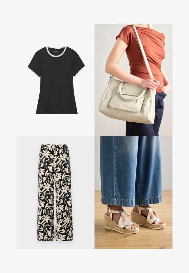 Musthave musta T-särk, millel on soonikkoes, ümmargune kaelus valgete laineliste äärtega ja lühikesed varrukad sama laineliste detailidega.; Mustad laiad püksid kreemja lillemustriga. Valmistatud kergest kangast, millel on sile tekstuur ja kõrge vöökoht.; Kuldsete vöödega platvormsandaalid, millel on kudumisega jute aluspind. Omab laiadest ristvöödetest ja ümarast varba disainist. Kantud helesiniste laiade pükstega.; Valge nahast käekott kahe käepidemega ja eemaldatava rihmaga, millel on eesmine lukuga tasku ja sile tekstuur. Kandub inimese käe peal.