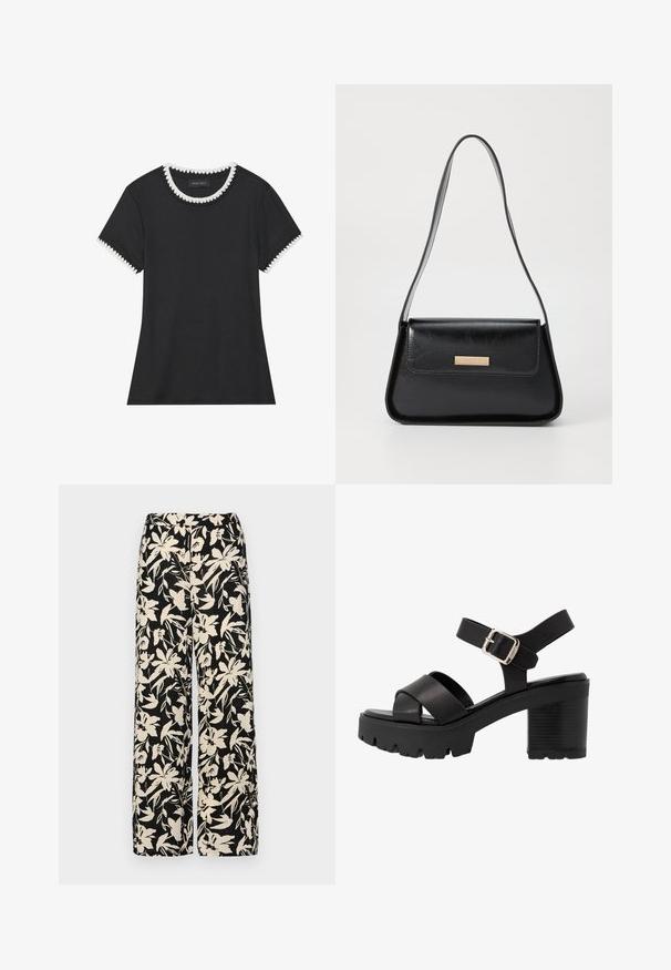 Melnā T-kreklā ar ribotu tekstūru, apaļa kakla izgriezums ar baltu viļņotu apdari un īsas piedurknes ar atbilstošu viļņotu akcentu.; Melni platie bikses ar krēmkrāsas ziedu rakstu. Izgatavotas no viegla auduma, kuram ir gluda tekstūra un augsta jostasvietas daļa.; mtng SABA - Augstpapēžu sandales - black; Melnas ādas rokassomiņa ar strukturētu trīsstūra formu, šauru siksnu un zelta toņu metāla detaļām, kurām ir logo plāksne priekšējā atloka.