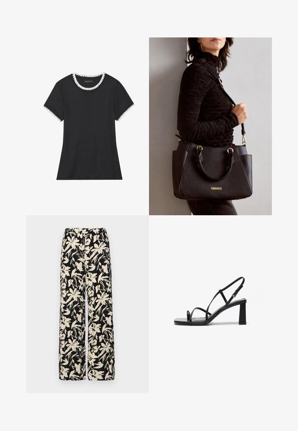 Zwarte T-shirt met geribbelde structuur, ronde halslijn met witte golvende rand, en korte mouwen met bijpassende golvende accenten.; Zwarte wijde broek met een crèmekleurig bloemenpatroon. Gemaakt van lichtgewicht stof, met een zachte textuur en een hoge tailleband.; Zwarte hoge hakken sandalen met een vierkante neus, dunne verstelbare banden en een chunky blokhak. Gladde leren textuur met minimale details.; Zwarte handtas met gestructureerd oppervlak, dubbele bovenhandvatten en verstelbare schouderriem. Voorzien van goudkleurige hardware en zijzakken.