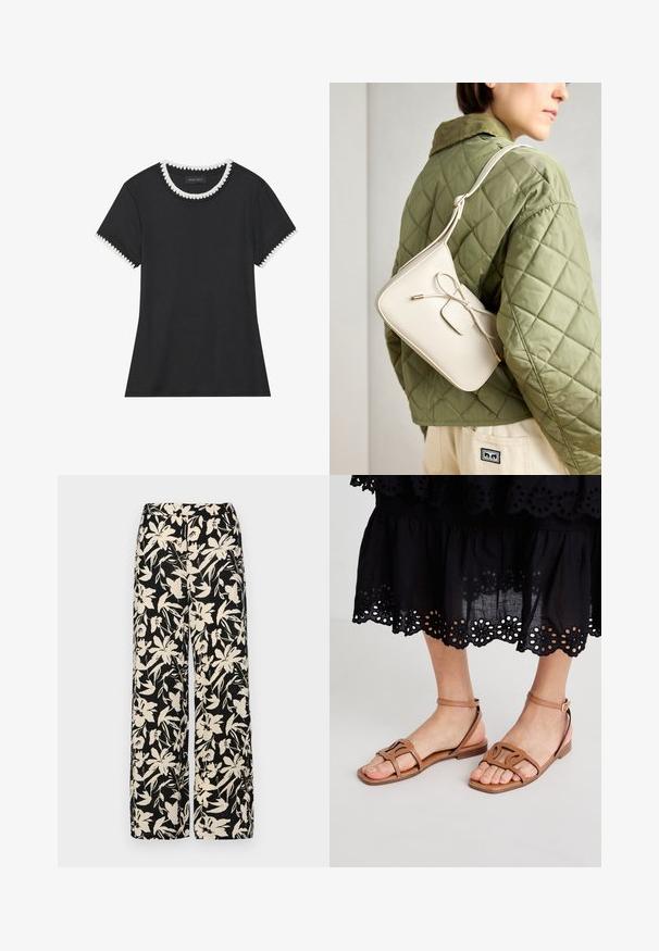 Fekete póló bordázott textúrával, kerek nyakkivágással, fehér csipkeszegéllyel, és rövid ujjakkal, amelyek harmonizáló csipkeszegéllyel készültek.; Fekete, bő szárú nadrág krém színű virágmintával. Könnyű anyagból készült, sima tapintású és magas derékrésszel rendelkezik.; Világosbarna bőr szandál, lapos talppal, struktúrált pántokkal és állítható bokapánttal, fekete gyöngyös szoknyával párosítva.; Beige színű bőr keresztpántos táska masni részlettel, arany színű fém kiegészítőkkel és egy állítható pánttal, zöld steppelt dzsekin viselve.