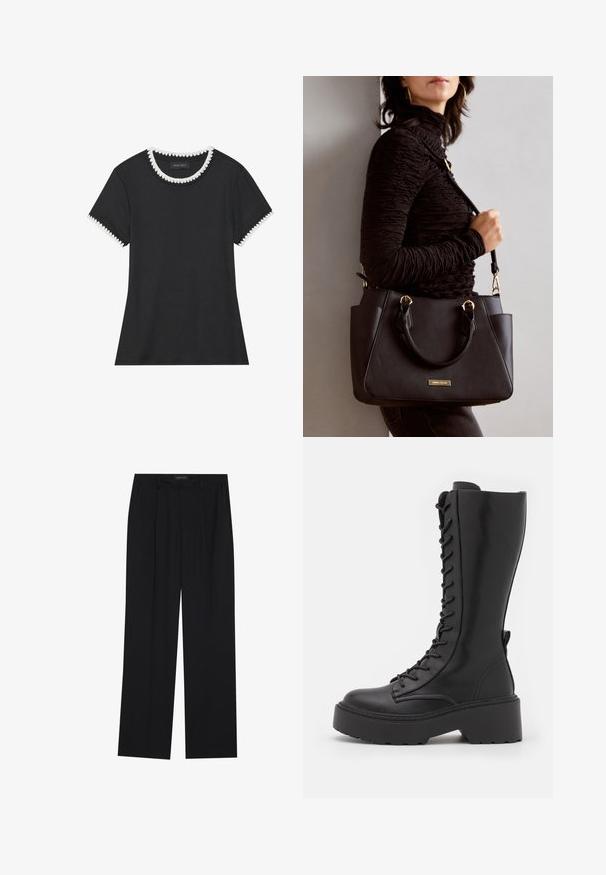 T-shirt noir avec texture côtelée, encolure ronde ornée de bordure festonnée blanche, et manches courtes avec accents festonnés assortis.; Pantalons noirs à coupe droite, dotés de deux poches avant et d'une taille. Fabriqués dans un tissu lisse et léger.; Bottes noires montantes à lacets avec une semelle plateforme épaisse, finition en cuir lisse et coutures renforcées le long des coutures.; Sac à main noir avec surface texturée, deux poignées supérieures et bandoulière réglable. Doté de quincaillerie dorée et de poches latérales.