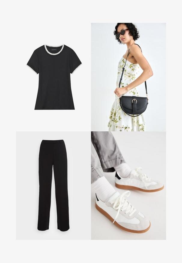 Black t-shirt with ribbed texture, round neckline featuring white scalloped trim, and short sleeves with matching scalloped accents.; Black trousers with a straight-leg design, smooth texture, and a fitted waistband. Features front pockets and minimal stitching detail.; White and grey athletic shoes with suede and leather materials. Features a rubber sole and lace-up design, accented with a dark heel detail.; Black leather handbag with a curved shape, detachable strap, and gold hardware. The bag features a flap with a buckle detail.