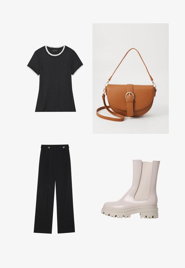 T-shirt noir avec texture côtelée, encolure ronde ornée de bordure festonnée blanche, et manches courtes avec accents festonnés assortis.; Pantalons larges noirs à taille haute, avec des détails de boutons à la taille et des plis sur le devant.; Bottine glossy rose clair avec des panneaux élastiques sur les côtés, semelle en caoutchouc gris robuste et semelle texturée pour une meilleure adhérence. Design épuré et minimaliste.; Sac bandoulière en cuir marron avec une forme incurvée, quincaillerie dorée et un accent en boucle. Comprend une bandoulière détachable.