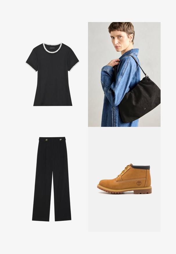 Fekete póló bordázott textúrával, kerek nyakkivágással, fehér csipkeszegéllyel, és rövid ujjakkal, amelyek harmonizáló csipkeszegéllyel készültek.; Fekete, bő szárú nadrág magas derékkal, gombos részletekkel a derékrészen és elülső pliszékkal.; Barna velúr boka csizma fekete párnázott gallérral, sárga fűzőlyukakkal és textúrált gumitalppal. Az oldalon nyomtatott logóval rendelkezik.; Fekete velúr kézitáska, puha, struktúrált formával, vékony bőr vállpánttal és diszkrét márkalogóval. A modellen farmere dzseki van.