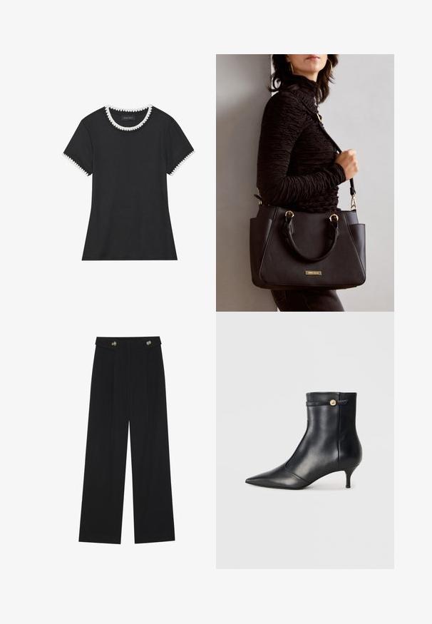 Camiseta negra con textura acanalada, cuello redondo con borde en forma de ola blanco, y mangas cortas con detalles a juego en forma de ola.; Pantalones de pierna ancha negros con cintura alta, detalles de botones en la cinturilla y pliegues en la parte delantera.; Bota de cuero negra hasta el tobillo con punta afilada y un pequeño tacón cónico. Presenta una correa decorativa con un acento de botón dorado. Textura suave.; Bolso negro con superficie texturizada, doble asa superior y correa para hombro ajustable. Presenta herrajes en tono dorado y bolsillos laterales.