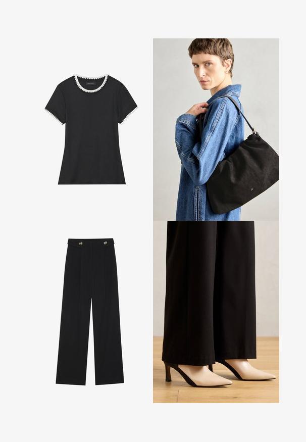 Fekete póló bordázott textúrával, kerek nyakkivágással, fehér csipkeszegéllyel, és rövid ujjakkal, amelyek harmonizáló csipkeszegéllyel készültek.; Fekete, bő szárú nadrág magas derékkal, gombos részletekkel a derékrészen és elülső pliszékkal.; Beige és fekete hegyes orrú magassarkúk, elegáns dizájnnal, kontrasztos színblokk és kis, masszív sarok jellemzi őket.; Fekete velúr kézitáska, puha, struktúrált formával, vékony bőr vállpánttal és diszkrét márkalogóval. A modellen farmere dzseki van.