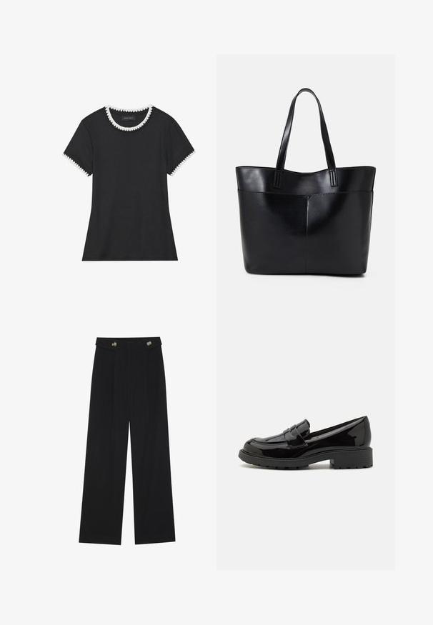 Fekete póló bordázott textúrával, kerek nyakkivágással, fehér csipkeszegéllyel, és rövid ujjakkal, amelyek harmonizáló csipkeszegéllyel készültek.; Fekete, bő szárú nadrág magas derékkal, gombos részletekkel a derékrészen és elülső pliszékkal.; Fekete lakkbőr loafer cipők, lekerekített orral, díszítő pánttal a lábfej felett, és vastag gumitalppal, amelynek mintázata van.; Fekete bőr bevásárlótáska két hosszú fogantyúval, sima felülettel és strukturált formával. Elülső zseb található rajta a plusz tárolás érdekében.