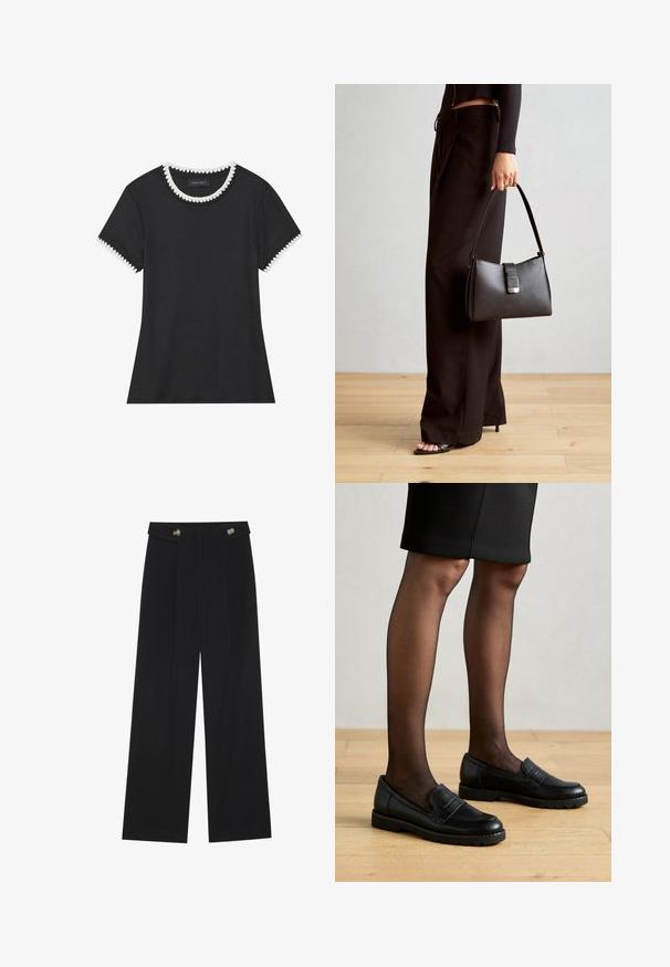 T-shirt noir avec texture côtelée, encolure ronde ornée de bordure festonnée blanche, et manches courtes avec accents festonnés assortis.; Pantalons larges noirs à taille haute, avec des détails de boutons à la taille et des plis sur le devant.; Mocassins en cuir noir avec un panneau texturé, semelle en caoutchouc et bout rond, portés avec des collants noirs transparents et une jupe ajustée.; Sac à main noir à la forme structurée, texture lisse et fermoir métallique. Associé à un pantalon noir ample et des sandales ouvertes sur un sol en bois.