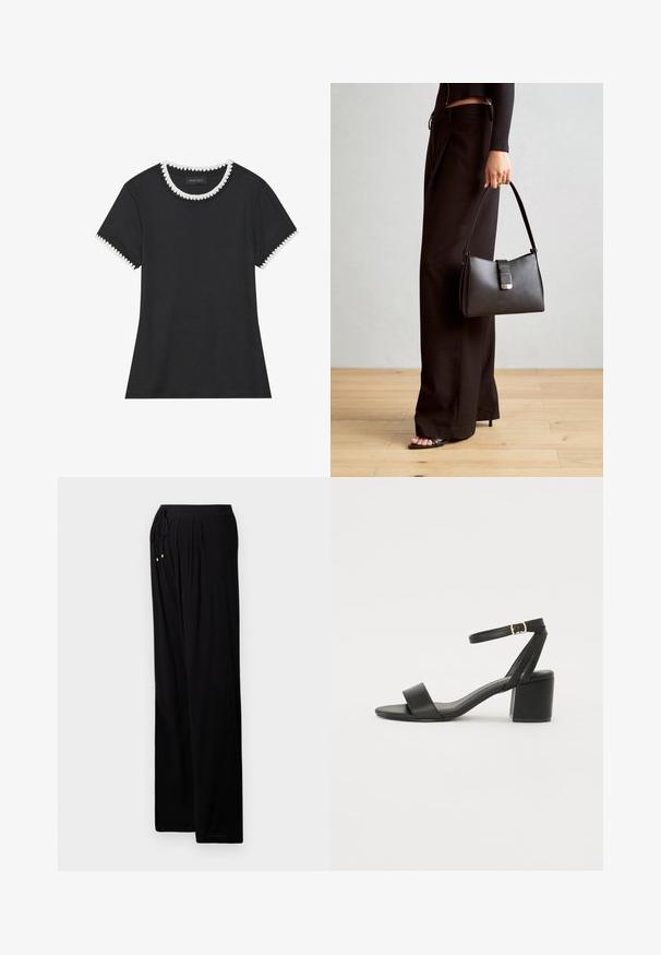 Camiseta negra con textura acanalada, cuello redondo con borde en forma de ola blanco, y mangas cortas con detalles a juego en forma de ola.; Pantalones ligeros negros con un ajuste relajado. Presenta una cinturilla con cordón, pliegues y acentos dorados en los extremos del cordón.; Sandalia de tacón negro con parte superior de cuero suave, punta abierta, tiras frontales anchas y correa ajustable en el tobillo con detalle de hebilla dorada.; Bolso negro con forma estructurada, textura suave y un cierre metálico. Combinado con pantalones anchos negros y sandalias de dedo en un suelo de madera.