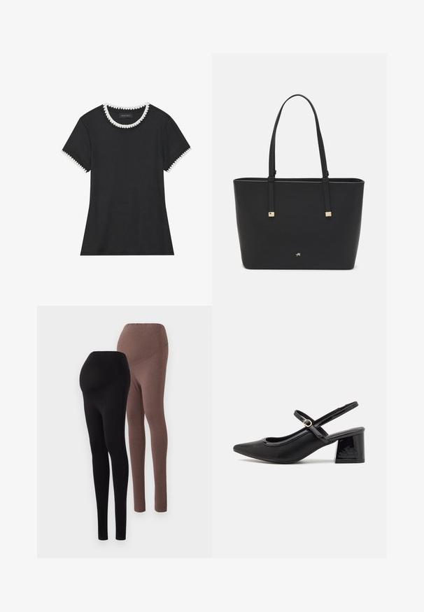 Črna majica s teksturo roma, okroglim izrezom, ki ima belo valovito obrobo, in kratkimi rokavi z ustreznimi valovitimi detajli.; Dva para leggingov: ene so črne in ene rjave. Obe imata gladko, raztegljivo tkanino in visok pas za udobje.; Črne patentne usnjene salonarce s slingback obliko, s koničastim nosom, zaobljenim izrezom in blok peto. Imajo zlato kovinsko zaponko kot dodatno okrasje.; Črna torba iz sintetičnega materiala, preproste pravokotne oblike, z zlatimi kvadratnimi detajli in dvojnih ročajem.