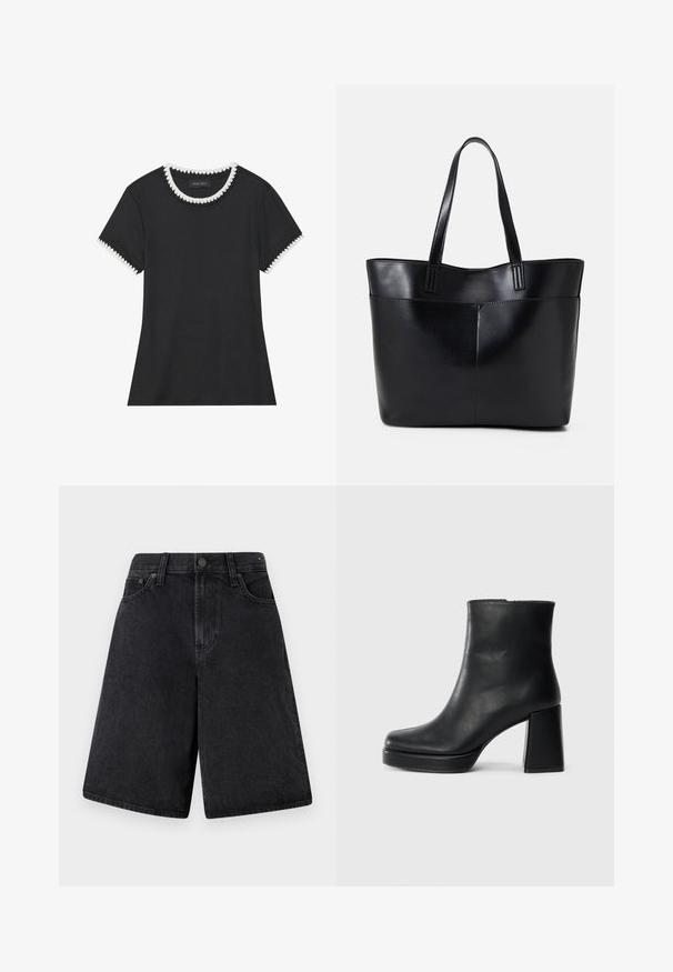 T-shirt preta com textura canelada, gola redonda com acabamentos brancos em formato de ondas, e mangas curtas com detalhes em ondas correspondentes.; Calções de ganga pretos com um corte descontraído, apresentando uma cintura alta, design de cinco bolsos e fecho com botão na frente.; Bota de couro preta até ao tornozelo com salto bloco e sola com plataforma, vista de lado sobre um fundo branco liso.; Bolsa tote preta em couro com duas alças longas, textura suave e forma estruturada. Apresenta um bolso frontal para armazenamento adicional.