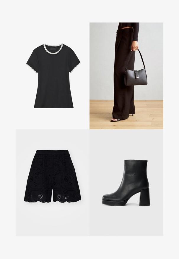 Musthave musta T-särk, millel on soonikkoes, ümmargune kaelus valgete laineliste äärtega ja lühikesed varrukad sama laineliste detailidega.; Mustad lühikesed püksid, millel on keerukalt tikitud lõike mustrid, laineline serv ja elastne vöökoht mugavuse tagamiseks.; Must musta ankle boot, milleplokk-konts ja platvormi tallaga, vaadatud küljelt ühetoonilise valge tausta peal.; Must musta kott, millel on struktureeritud kuju, sile tekstuur ja metallist klamber. Kombineeritud laiate mustade pükstega ja avatud varvaste sandaalidega puidust põrandal.