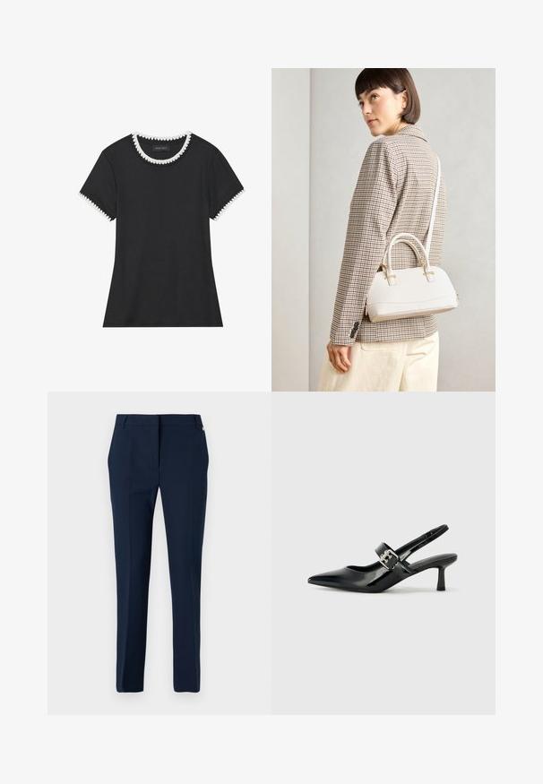 Tricou negru cu textură ribbed, guler rotund cu margine albă zimțată și mâneci scurte cu detalii zimțate asortate.; Pantaloni bleumarin din țesătură netedă, cu față plată, bucle pentru curea și detalii subtile pe laterale, aproape de talie. Croială tailored.; Sandale cu toc din piele patent neagră, cu vârful ascuțit și un toc mic bloc, având un accent cu cataramă argintie pe curea.; Geantă structurată albă, cu mânere scurte și curea de umăr, având accente din metal aurit și material texturat, expusă pe un fundal gri.
